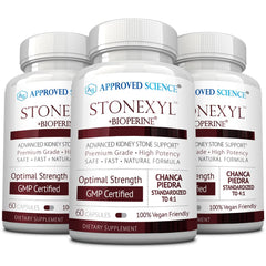 Approved Science Stonexyl bottle front highlighting herbal kidney stone support.
