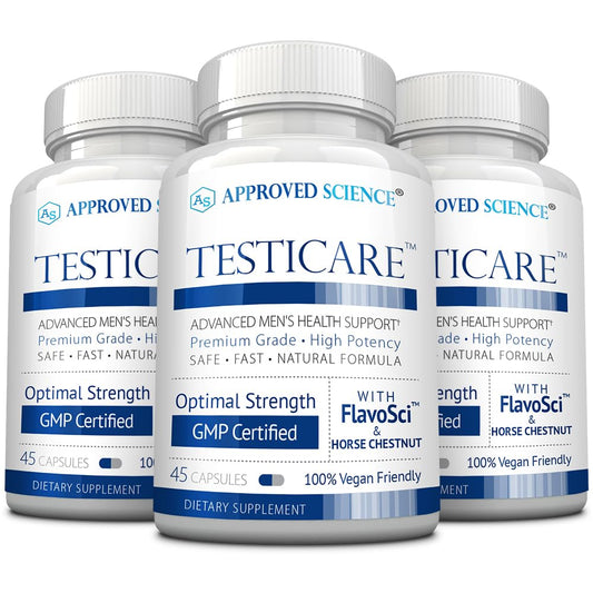 Approved Science TestiCare bottle front showing vegan vein support formula.