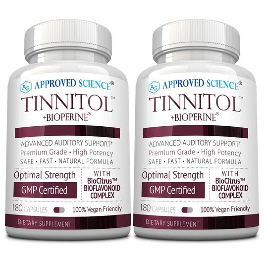 Approved Science Tinnitol bottle front for tinnitus support and daily use.