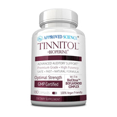 Approved Science Tinnitol bottle front showing vegan formula for tinnitus support