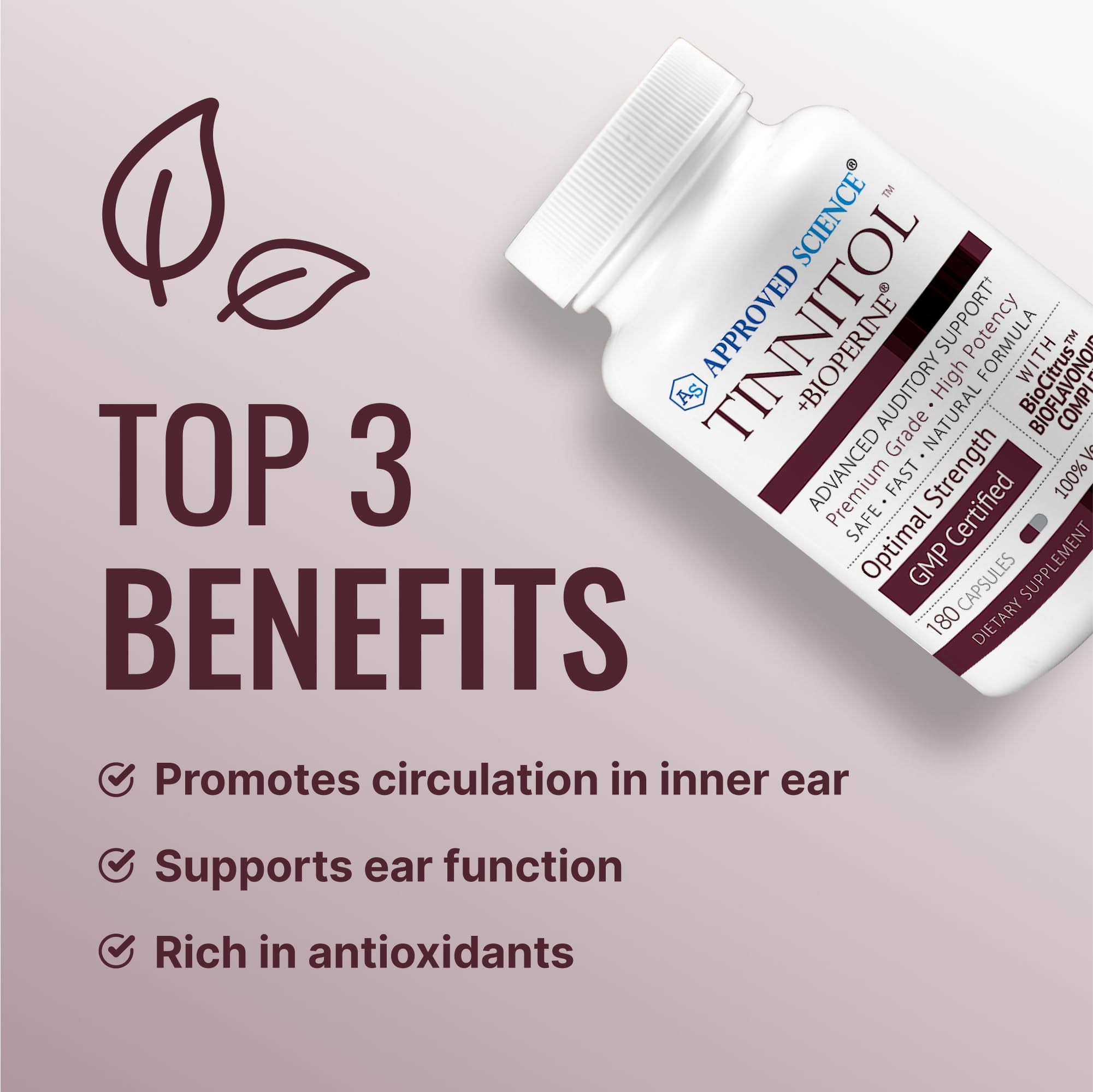 Approved Science Tinnitol tablet close-up highlighting ease of swallowing and inner ear support.