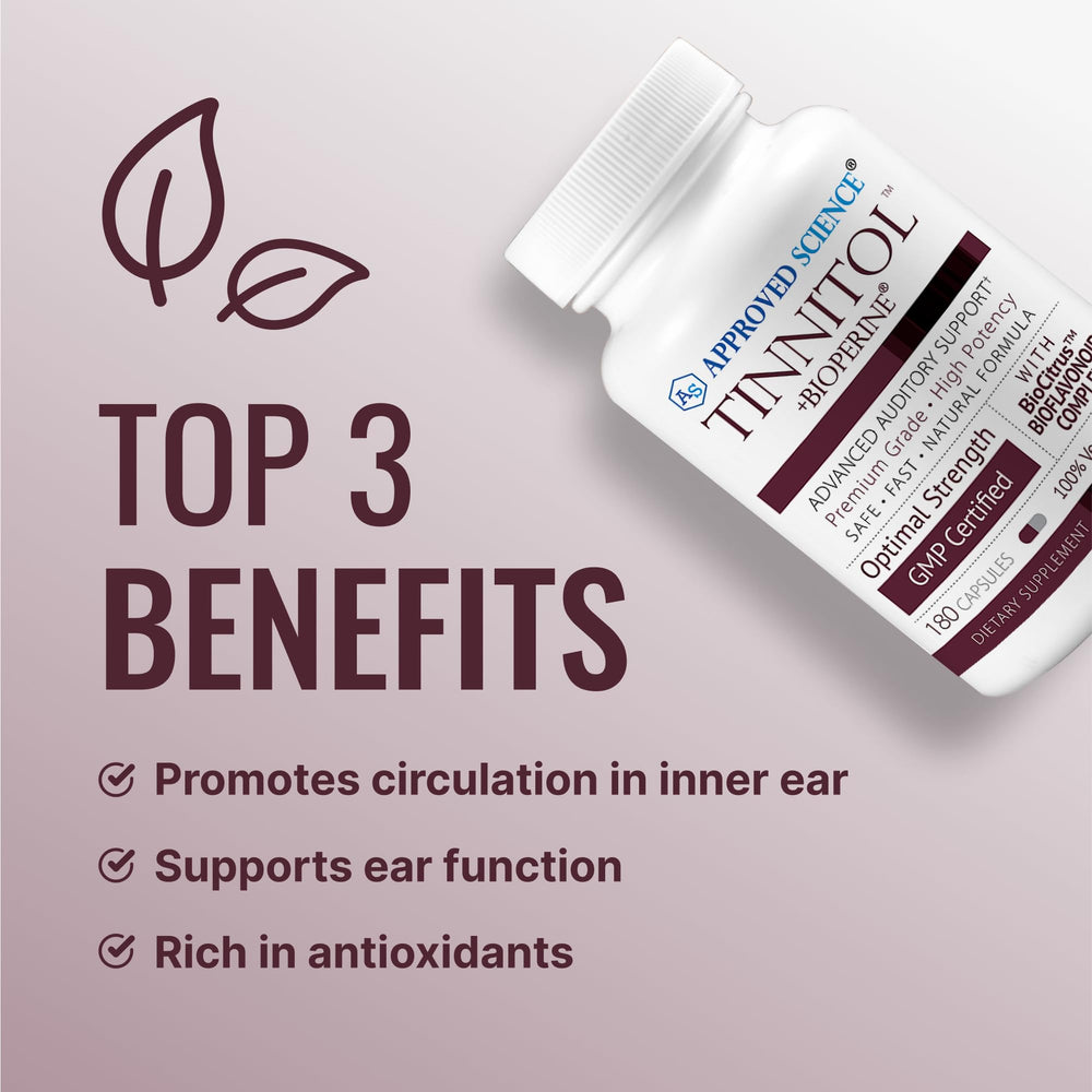 Approved Science Tinnitol tablet close-up highlighting ease of swallowing and inner ear support.