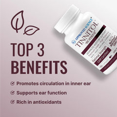 Approved Science Tinnitol tablet close-up highlighting ease of swallowing and inner ear support.