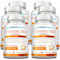Approved Science Turmeric MD bottle front with capsules for daily wellness.