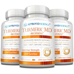 Approved Science Turmeric MD bottle front view supports daily vitality with 180 capsules