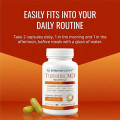 Approved Science Turmeric MD capsules with a glass of water for daily routine.