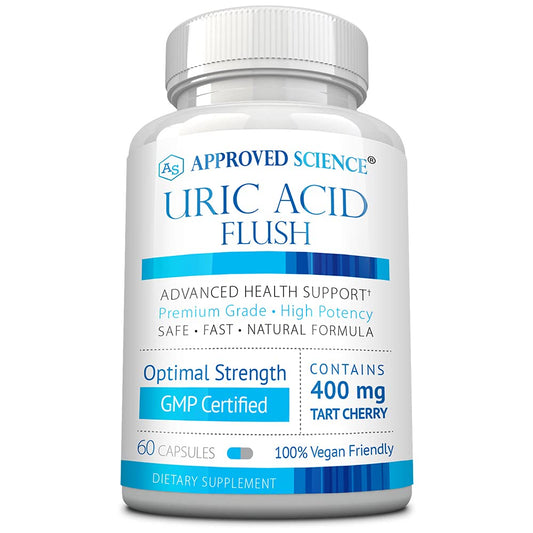 Approved Science Uric Acid Flush bottle label highlights USA-made daily cleanse support