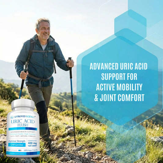Approved Science Uric Acid Flush capsules close-up, vegan formula for joint mobility