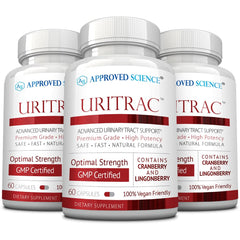 Approved Science Uritrac bottle with cranberry-d-mannose-lingonberry supports daily urinary wellness.