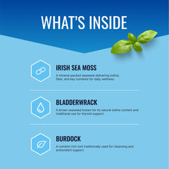 Approved Science Wild-Crafted Irish Sea Moss bottle with bladderwrack highlights thyroid and digestion.