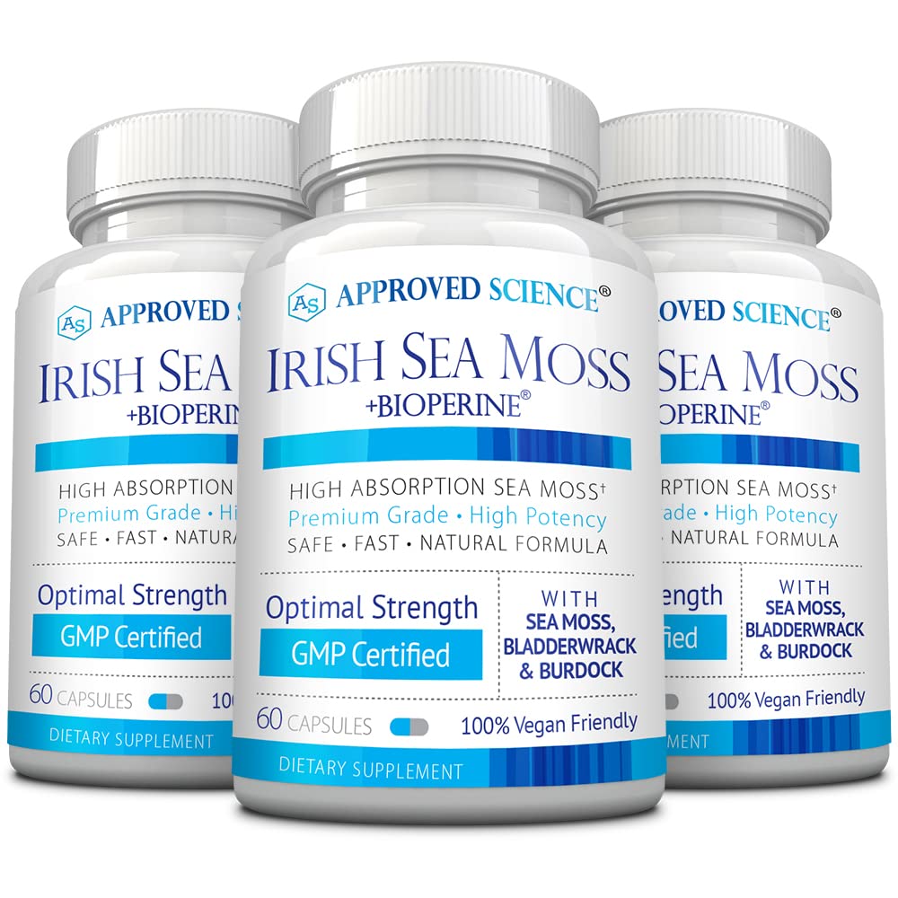 Approved Science Wild-Crafted Irish Sea Moss bottle suggests premium daily use and potential immune support.