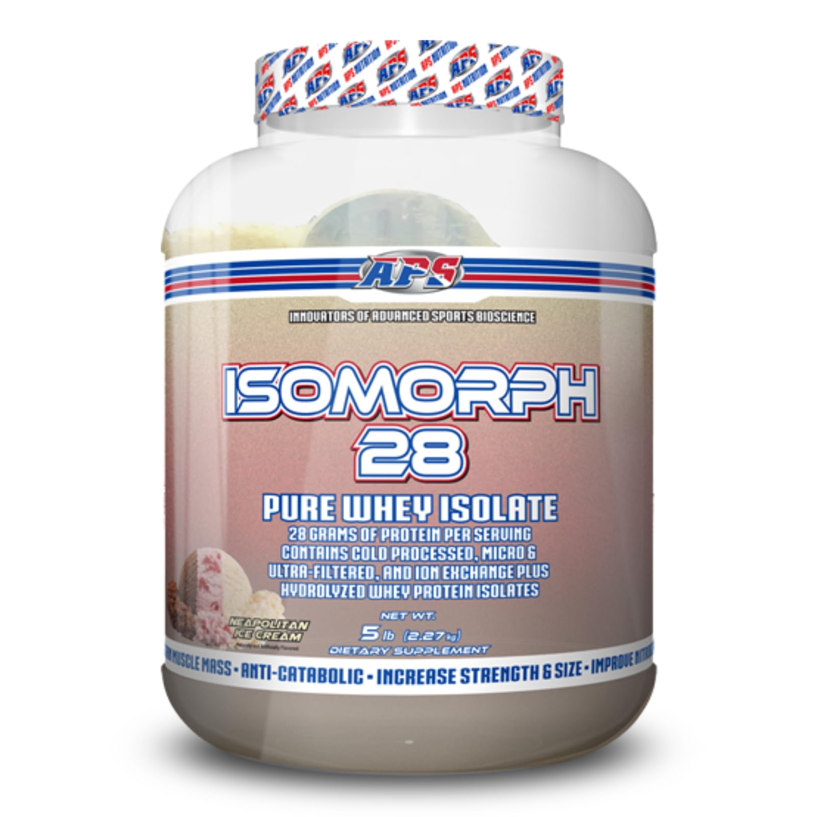 APS Nutrition IsoMorph 28 Neapolitan jar offers quick protein boost.