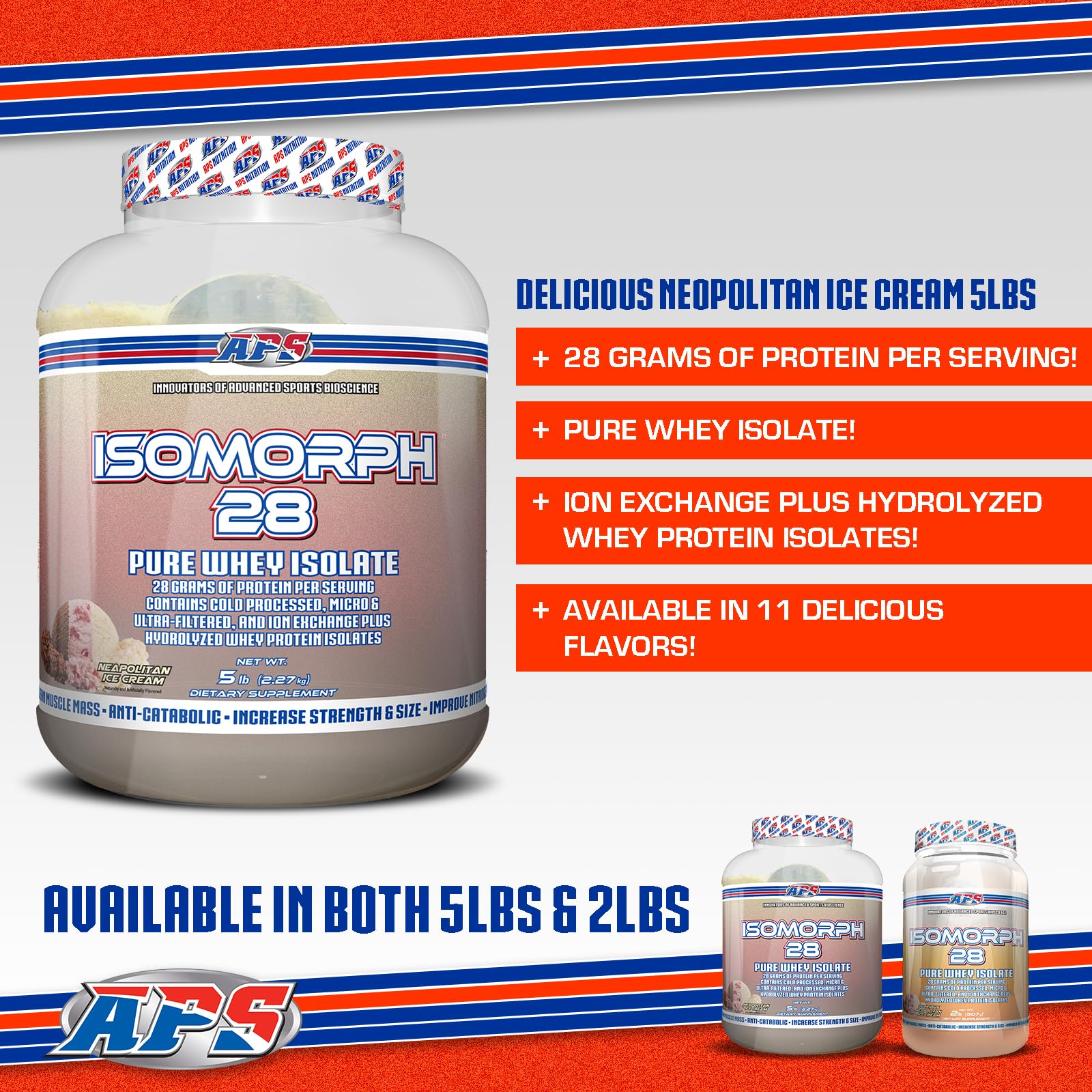 Close-up label shows 28g protein per scoop for daily protein.