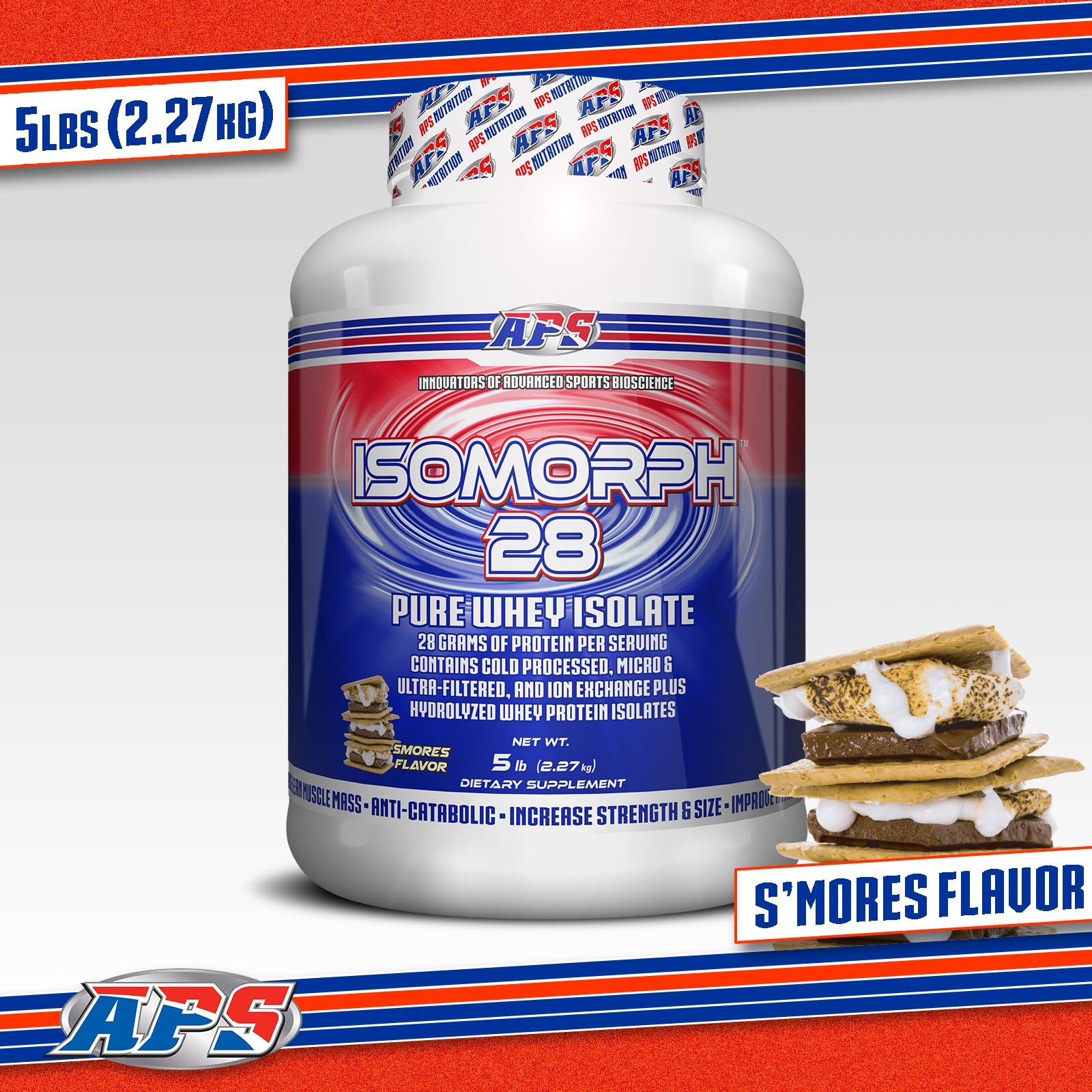 Close-up of APS Nutrition Isomorph 28 powder detail emphasizing cold processing and purity