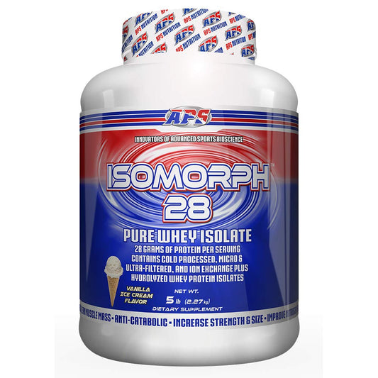 APS Nutrition Isomorph 28 protein powder bottle highlights fast-dissolving whey for lean support.