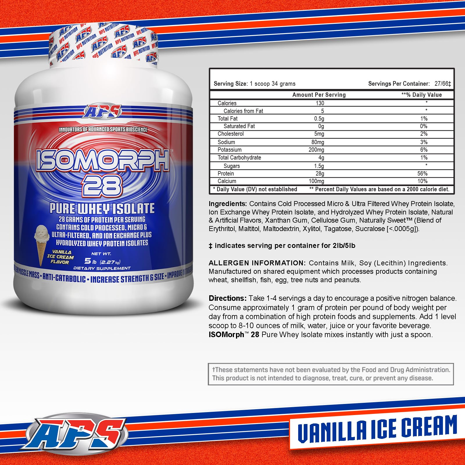 APS Nutrition Isomorph 28 vanilla label emphasizes premium isolation for quick recovery.