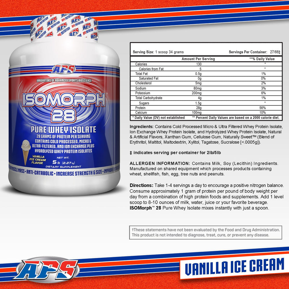 APS Nutrition Isomorph 28 vanilla label emphasizes premium isolation for quick recovery.