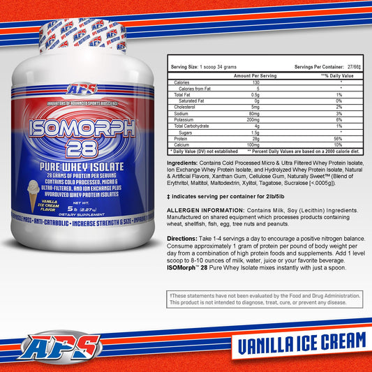 APS Nutrition Isomorph 28 vanilla label emphasizes premium isolation for quick recovery.