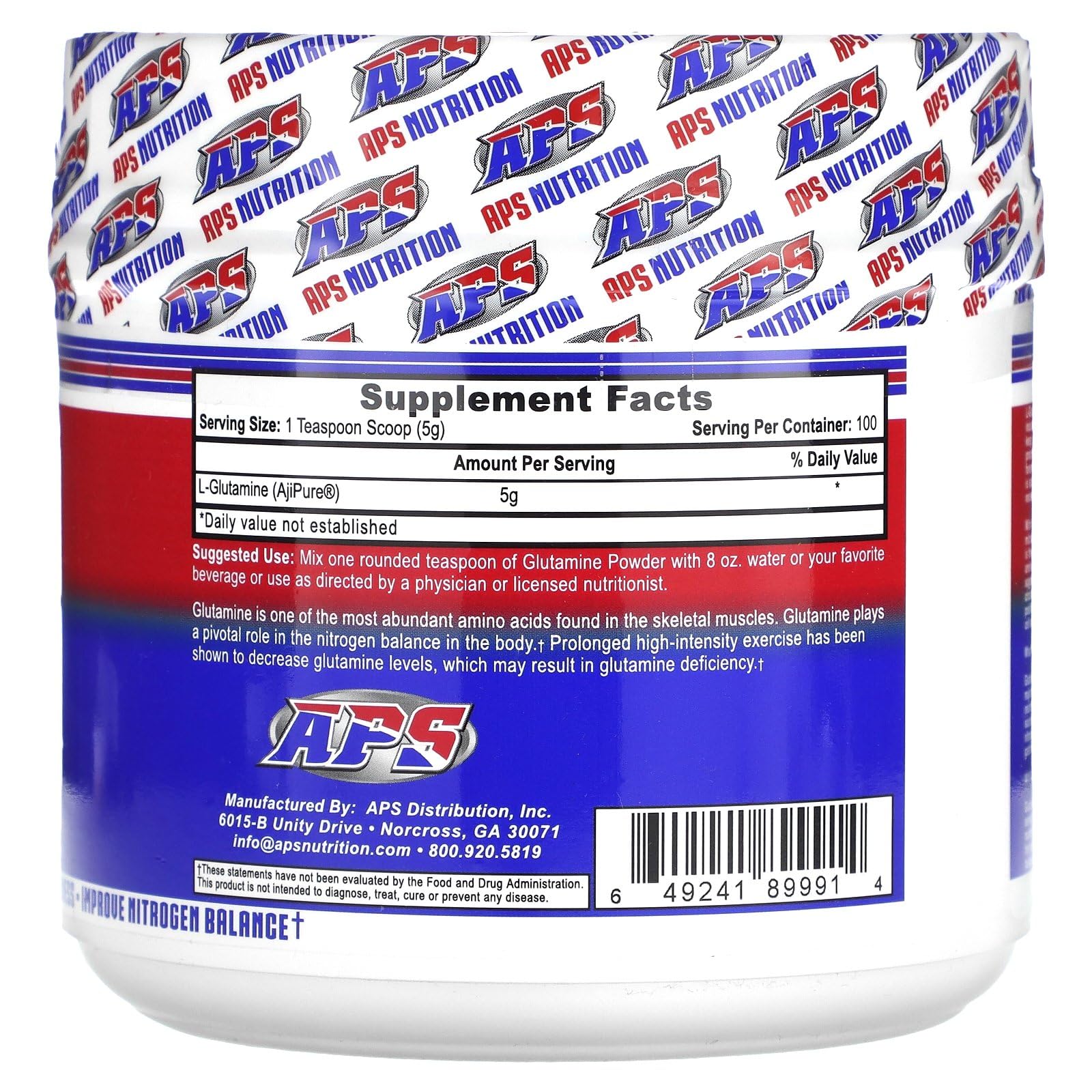 APS Nutrition L-Glutamine 500g powder with scoop emphasizing 100% purity.