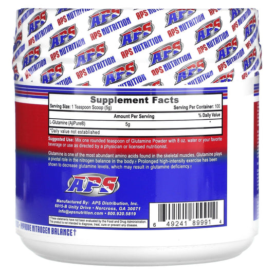 APS Nutrition L-Glutamine 500g powder with scoop emphasizing 100% purity.