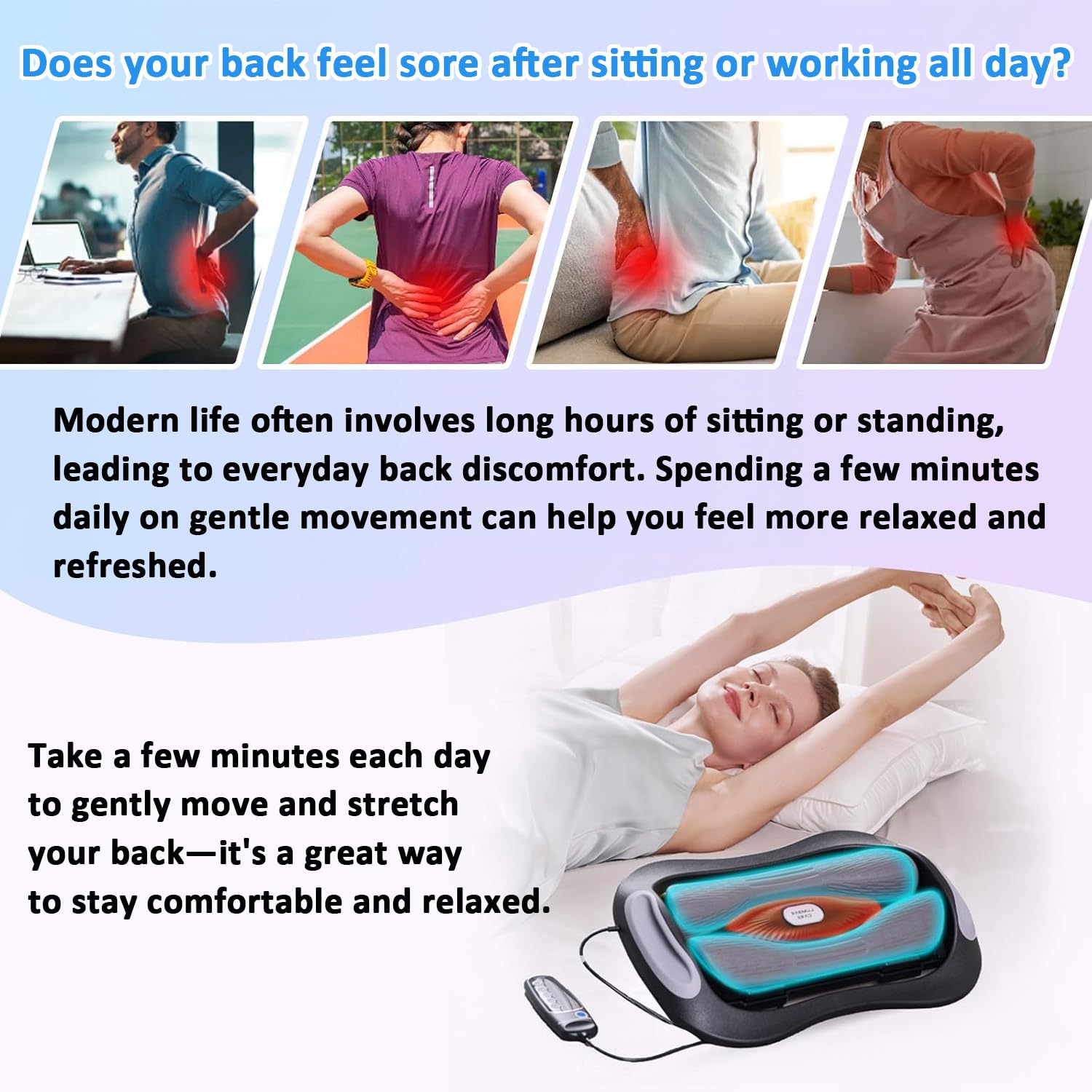 Aptin heated back massager shows three warmth levels to ease tense muscles.