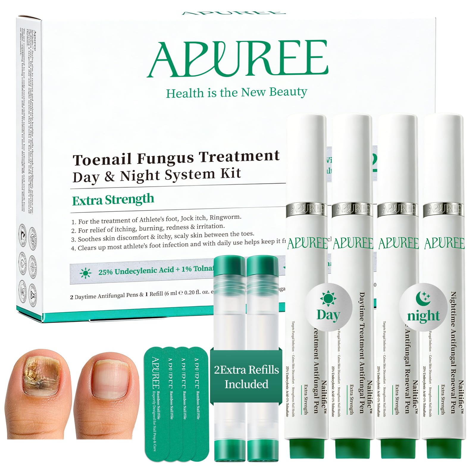 APUREE Day Pen on nails showing targeted daytime action for active days.