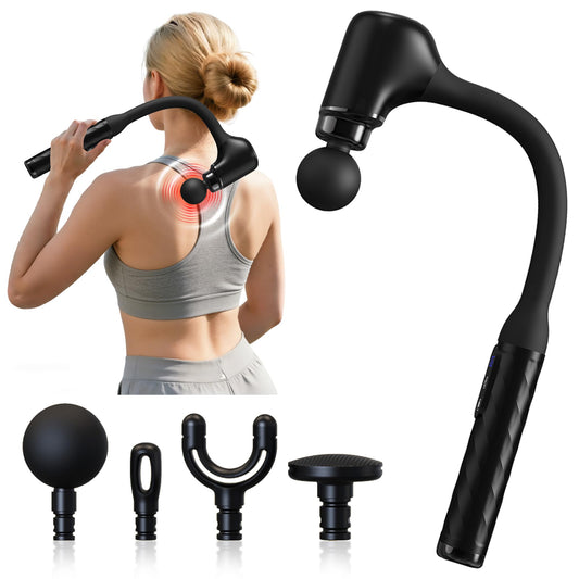 APXPF massage gun with extended handle reaches back muscles comfortably.