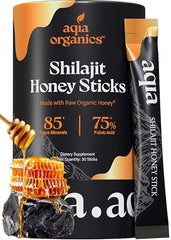 Aqia Organics packaging of pure Shilajit honey sticks signals premium natural energy support.