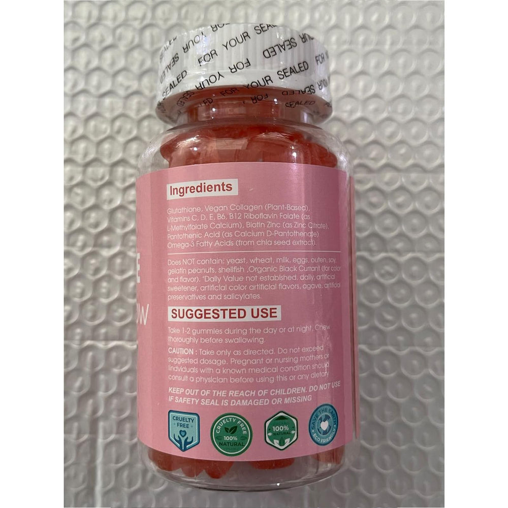 AQILUN Collagen Glow Gummies on kitchen counter with a glass of water.
