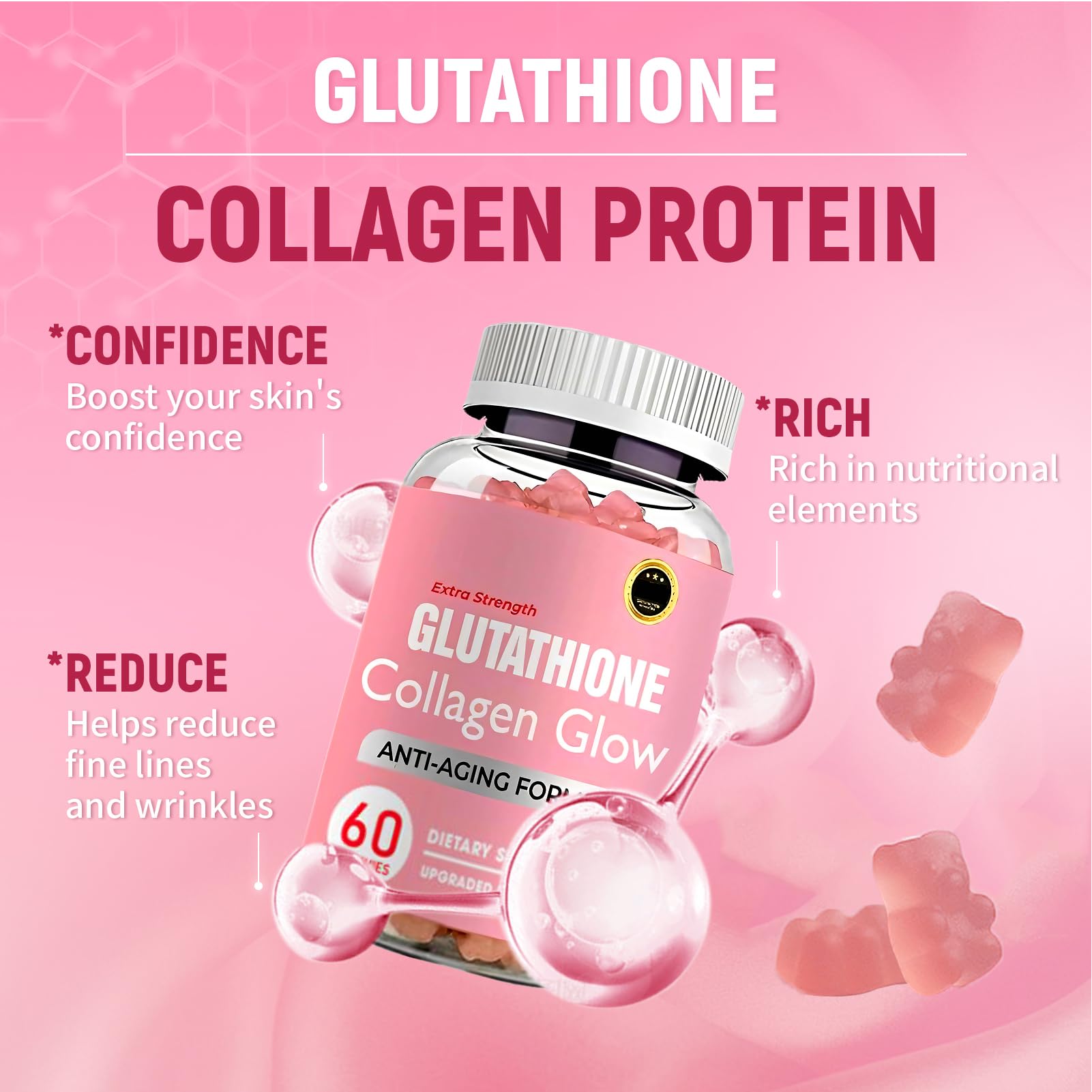 AQILUN Glutathione Collagen Glow Gummies bottle showing glossy, vibrant texture.