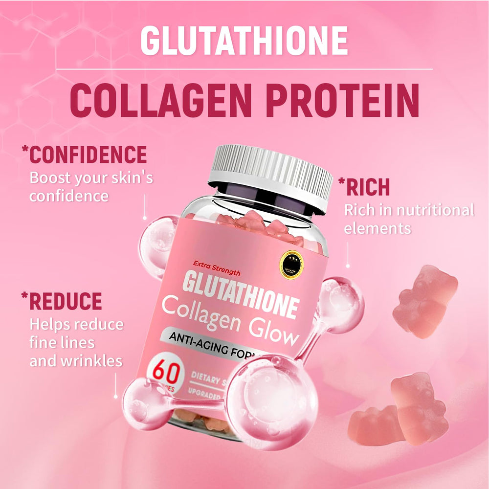 AQILUN Glutathione Collagen Glow Gummies bottle showing glossy, vibrant texture.