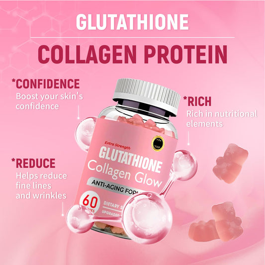 AQILUN Glutathione Collagen Glow Gummies bottle showing glossy, vibrant texture.