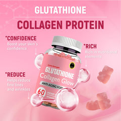 AQILUN Glutathione Collagen Glow Gummies bottle showing glossy, vibrant texture.