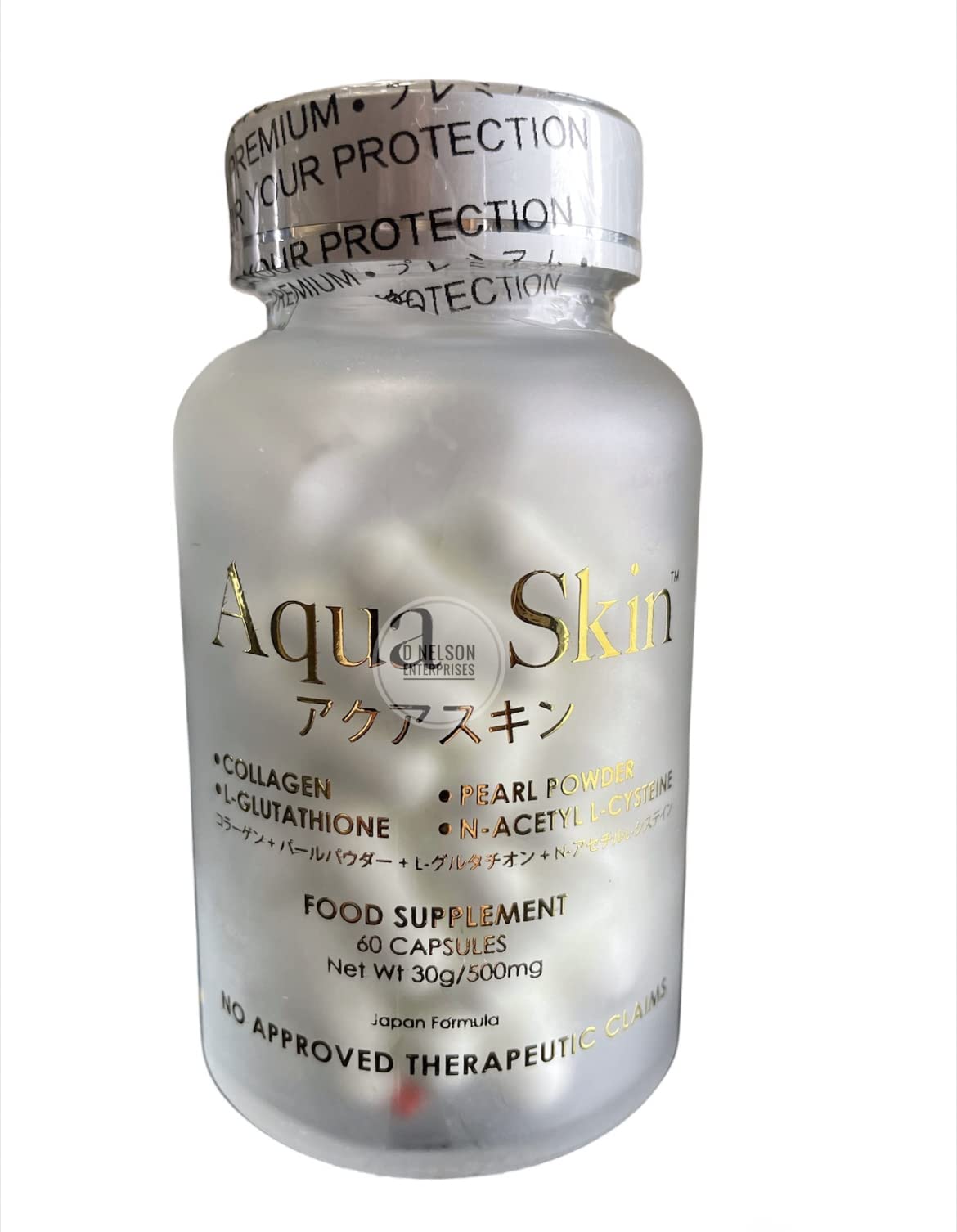 Aqua Skin Glutathione bottle on frosted glass packaging for premium daily use