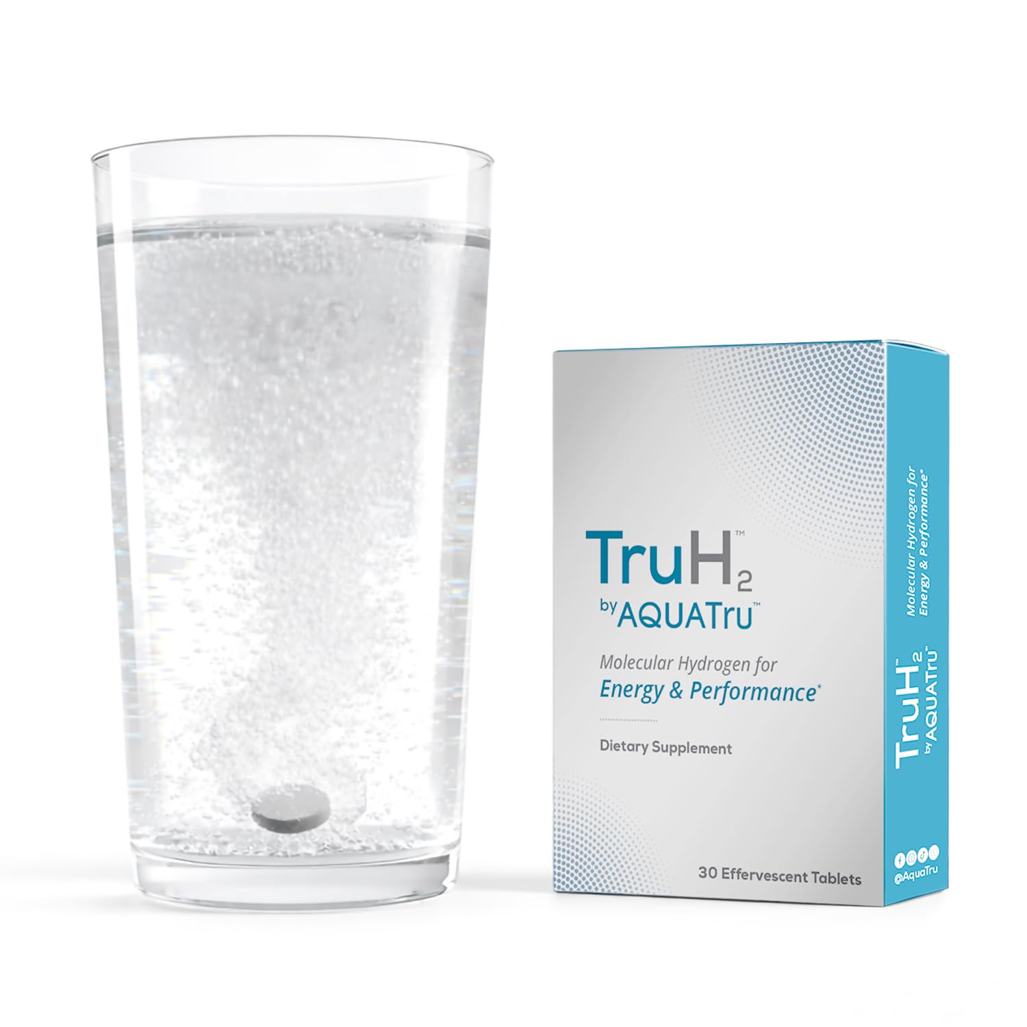 AquaTru TruH2 tablet dissolving in water to start a session.