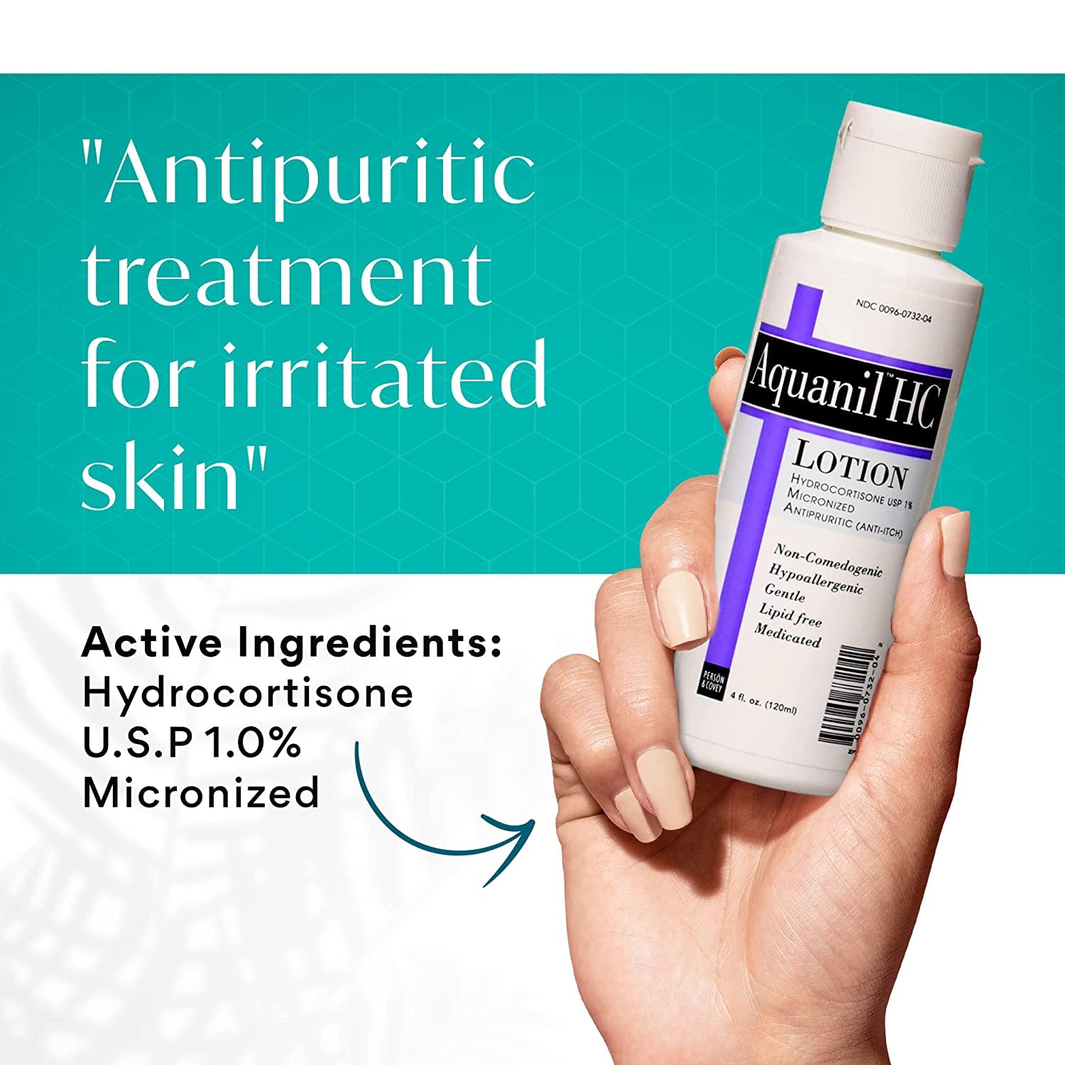 Aquanil HC Lotion label close-up showing fragrance-free formula