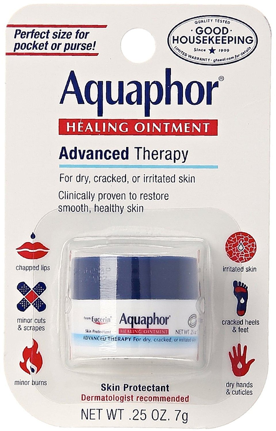 Aquaphor Healing Ointment jar close-up for dry skin relief and smooth restoration.