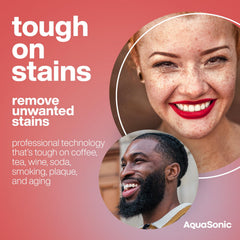 Aquasonic whitening strips being applied to teeth for easy at-home use.