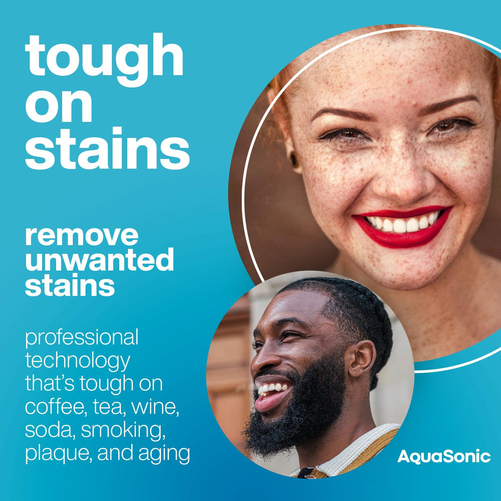 Aquasonic strips on teeth application demonstrates secure, comfortable fit for on-the-go whitening.