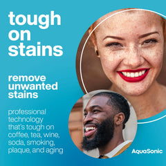 Aquasonic strips on teeth application demonstrates secure, comfortable fit for on-the-go whitening.