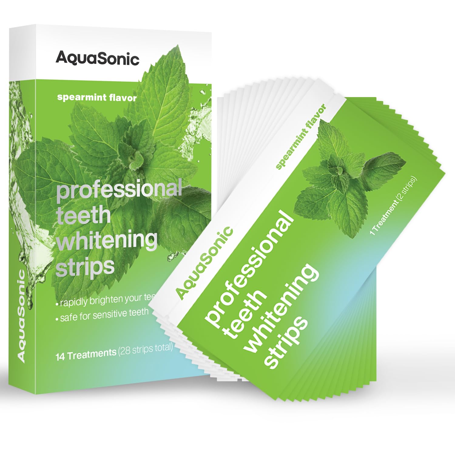 Aquasonic Teeth Whitening Strips pack for 14 treatments, ready to brighten your smile.