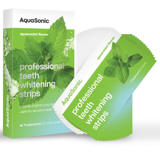 Aquasonic Teeth Whitening Strips pack for 14 treatments, ready to brighten your smile.
