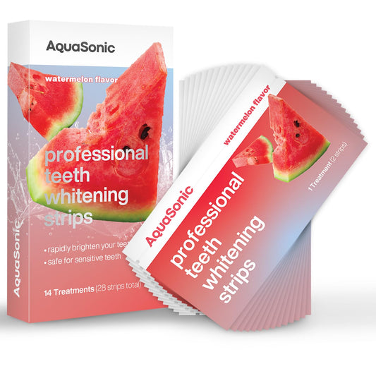 Aquasonic Watermelon whitening strips packaging for on-the-go whitening convenience.
