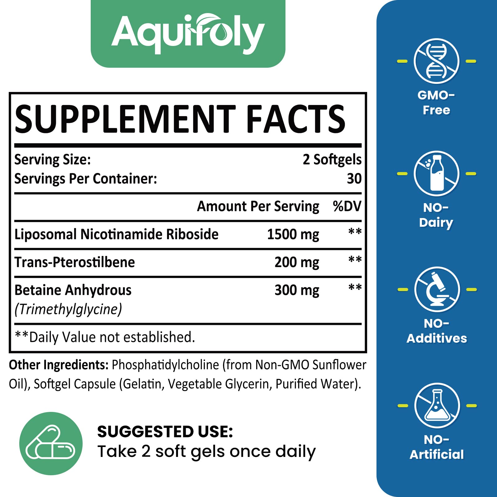 Aquifoly liposomal nicotinamide riboside softgels on blister pack, convenient daily dose.