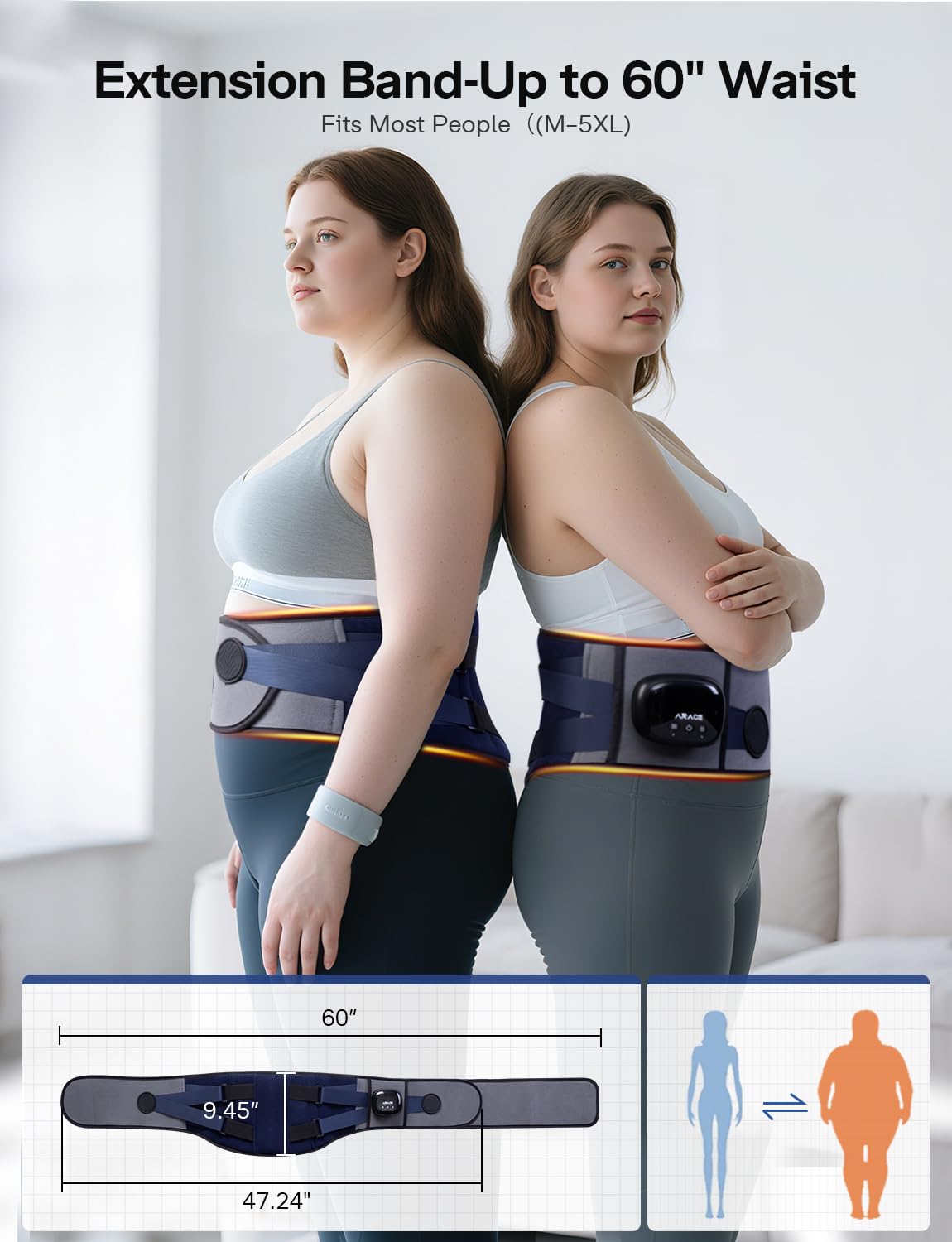 Arace extended-fit waist strap fits 47 to 60 inches securely.