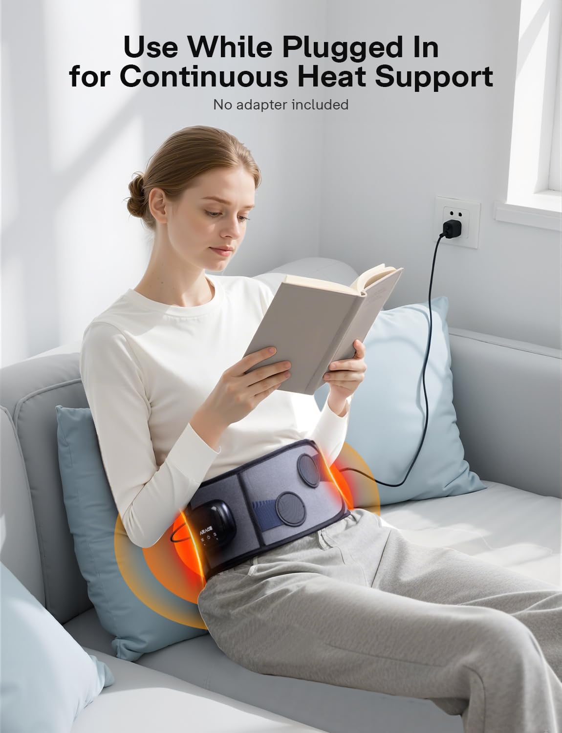 Arace wearable heating pad strap providing targeted warmth for the lower back.