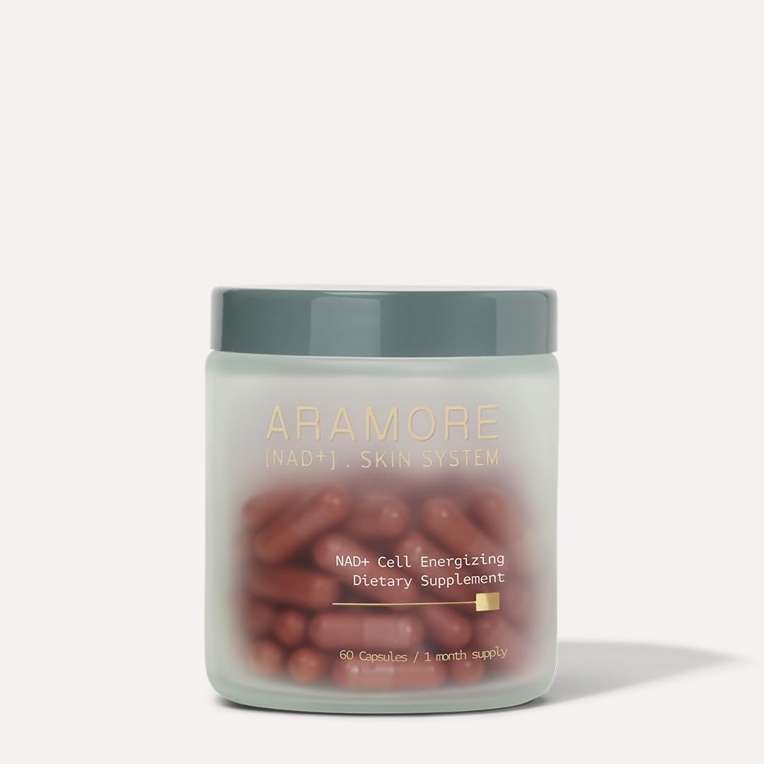 Aramore NAD+ supplement bottle front view showing daily energy and skin support.