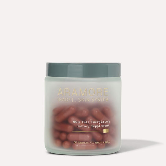 Aramore NAD+ supplement bottle front view showing daily energy and skin support.