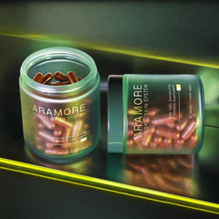 Aramore NAD+ bottle pouring to illustrate easy daily dosing for vitality.