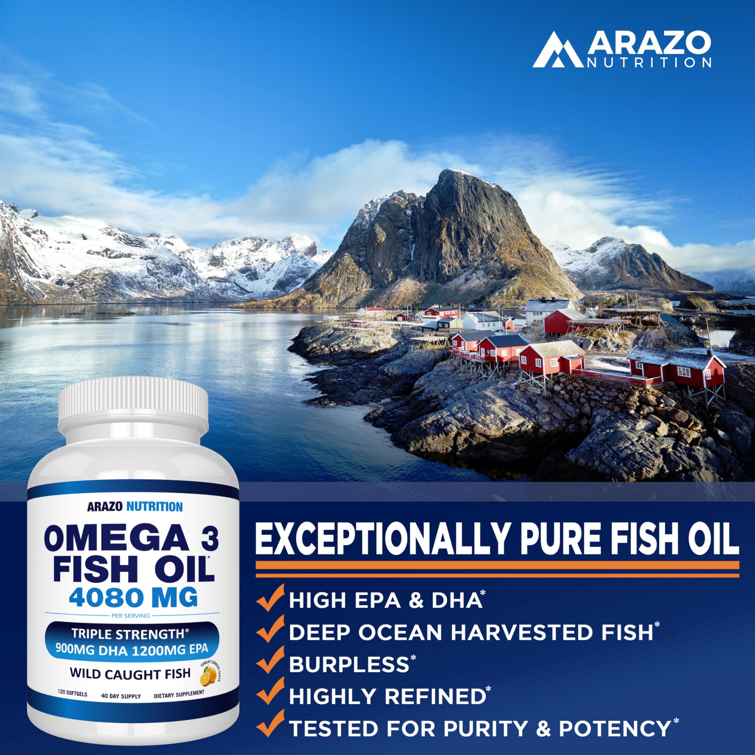 GMP-certified US facility logo beside Arazo Omega-3 bottle.